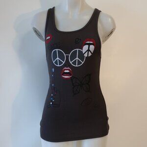 NWT Womens Lauren Moshi Gray Ribbed Graphic Print "Peace, Lips" Tank Top M